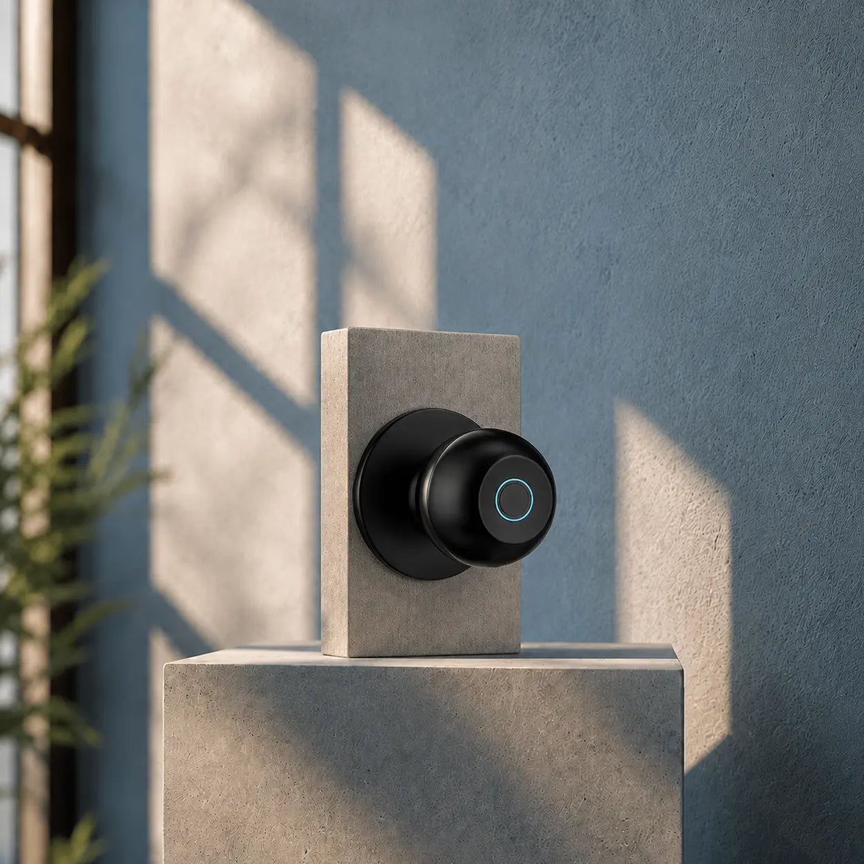 A matte black smart doorbell with a circular touch screen is mounted on a light gray concrete block against a textured blue-gray wall with soft window shadows.