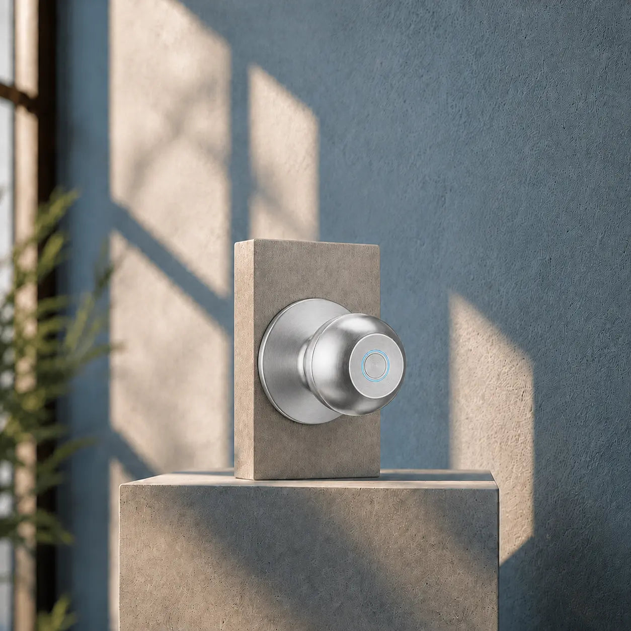 A modern chrome shower valve trim with a round control knob mounted on a square concrete display block against a textured blue-gray wall with soft window shadows.