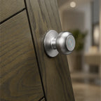 A close-up of a brushed silver smart door knob mounted on a dark wood door, with a softly blurred modern interior in the background.