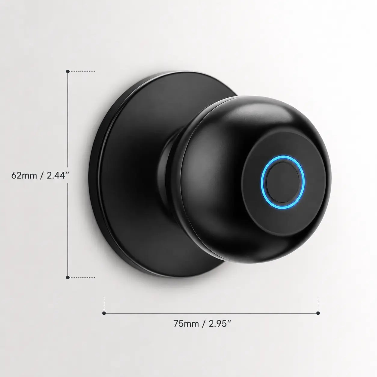 Black smart doorbell with a circular mounting plate, shown with dimension labels of 62mm height and 75mm width on a light gray background.