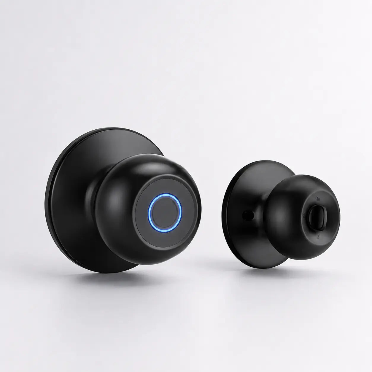 Two black smart doorbell cameras shown on a light gray background, one facing forward with a glowing blue circular ring and the other showing the back side.
