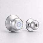 Two modern electronic doorbell switches in a brushed silver finish, shown from front and back views on a light gray background.