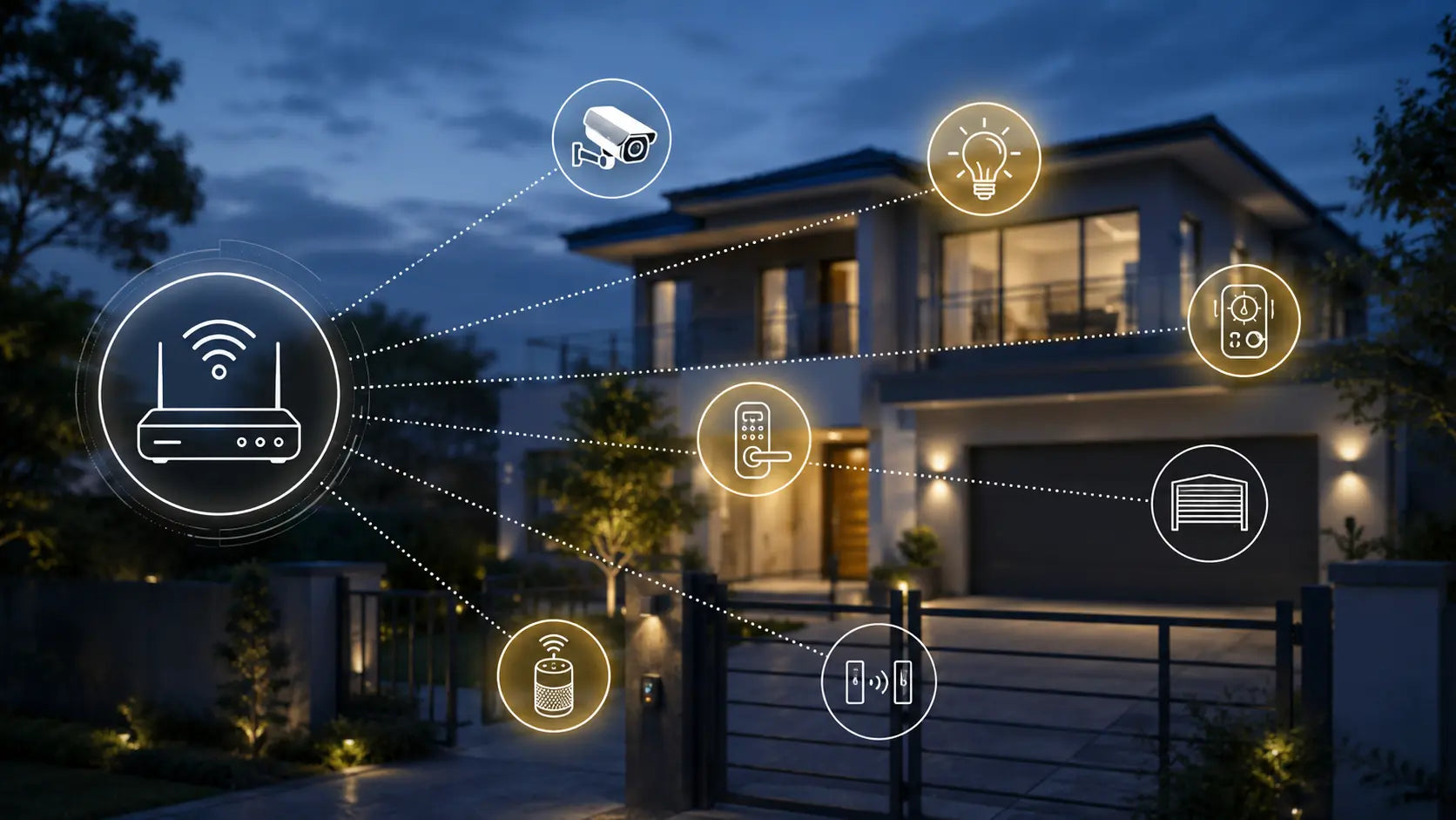 Smart home technology icons with a modern house at night