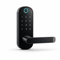 A modern black electronic smart door lock with a numeric keypad and a horizontal handle, shown on a clean white background.
