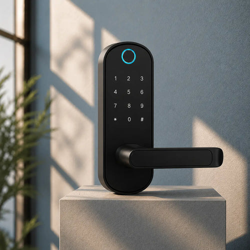 A modern black electronic smart door lock with a numeric keypad and handle, mounted on a concrete pedestal against a gray wall with soft window shadows.