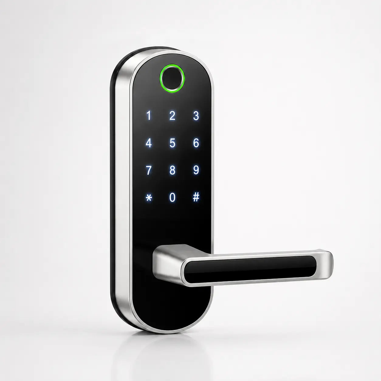 A modern electronic smart door lock with a black faceplate, silver metal trim, a horizontal handle, and a numeric keypad with blue digits on a light gray background.