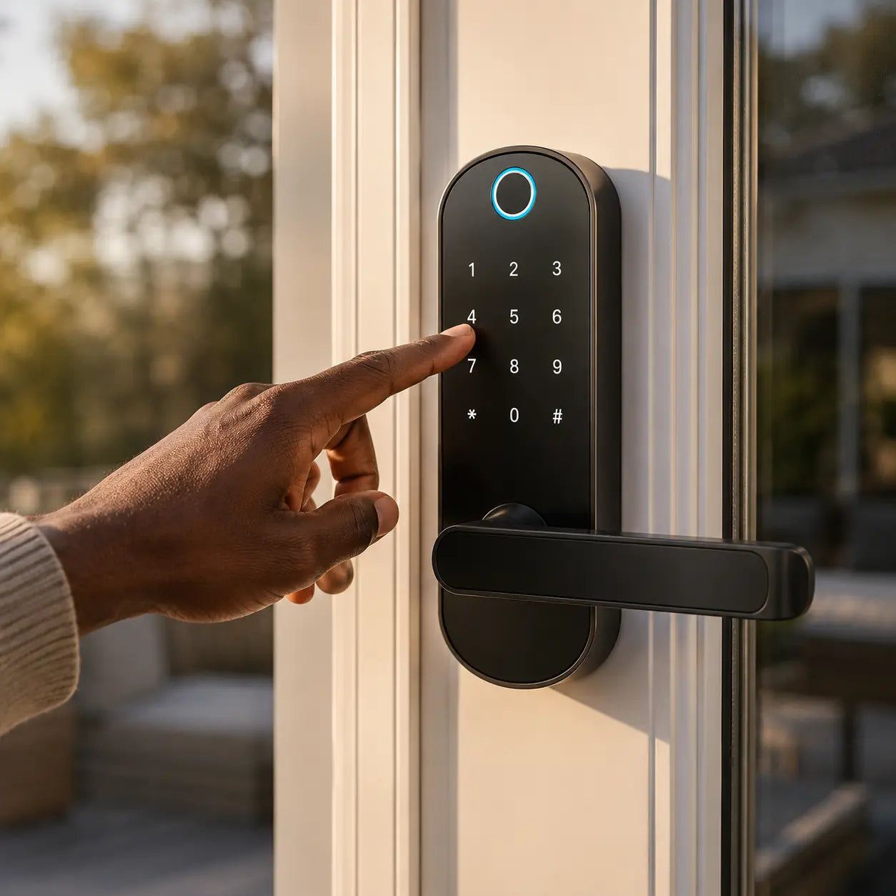 A black biometric smart door lock with a numeric keypad and touch handle, mounted on a white door frame. A person's hand is shown pressing a number on the keypad, with a blue ring light illuminated near the top.