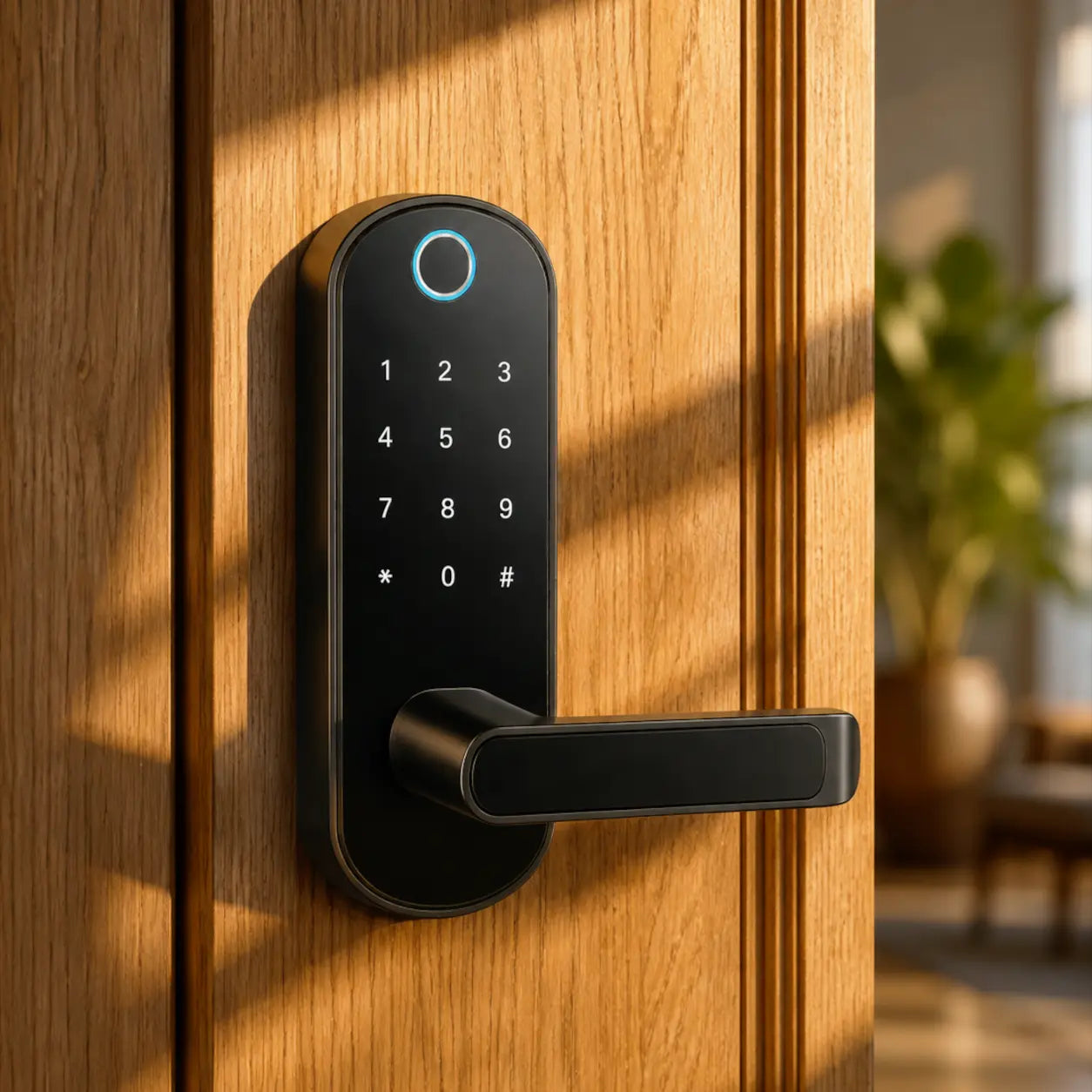 A black smart digital door lock with a numeric keypad and handle mounted on a wooden door, with warm sunlight casting shadows and a blurred indoor background.