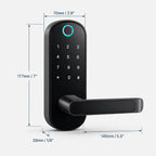 Black electronic keypad door lock with a horizontal lever handle, shown with dimension annotations for width, height, and lever length on a light gray background.
