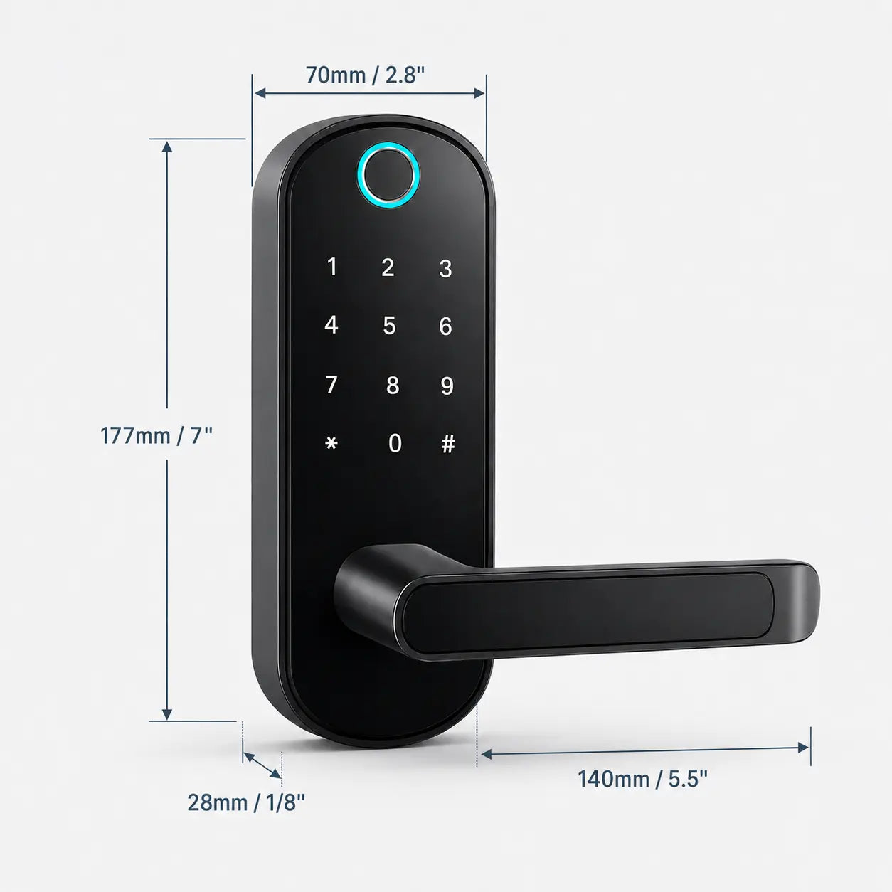 Black electronic keypad door lock with a horizontal lever handle, shown with dimension annotations for width, height, and lever length on a light gray background.