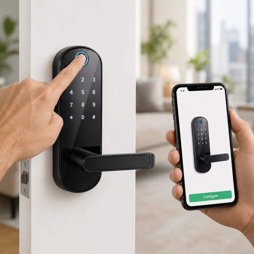 A black smart digital door lock mounted on a white door, with a hand pressing the blue ring around the keypad to unlock it. A second hand holds a smartphone showing the lock's app screen in a bright, modern room setting.