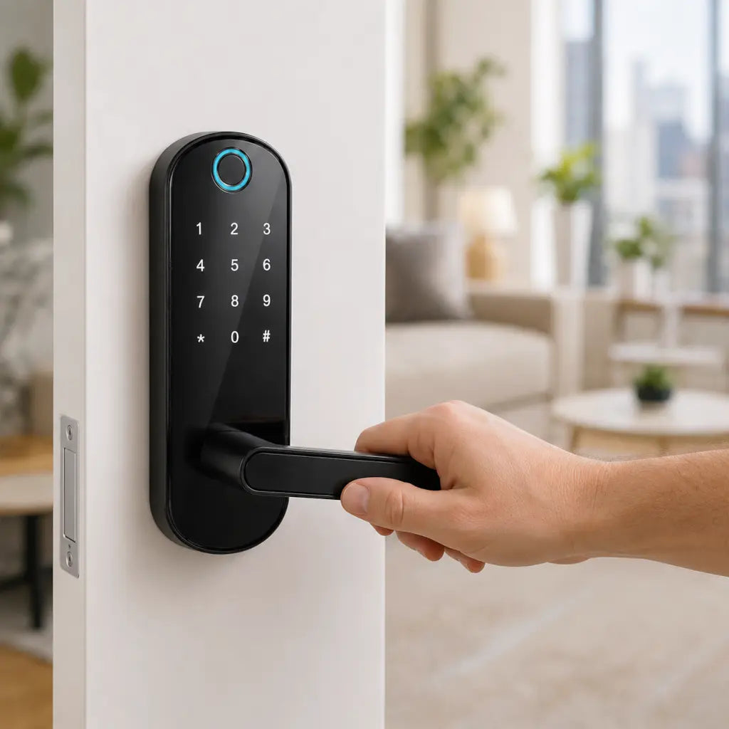 A hand is shown pulling a black electronic smart door handle on a white door in a modern, softly blurred living room setting.