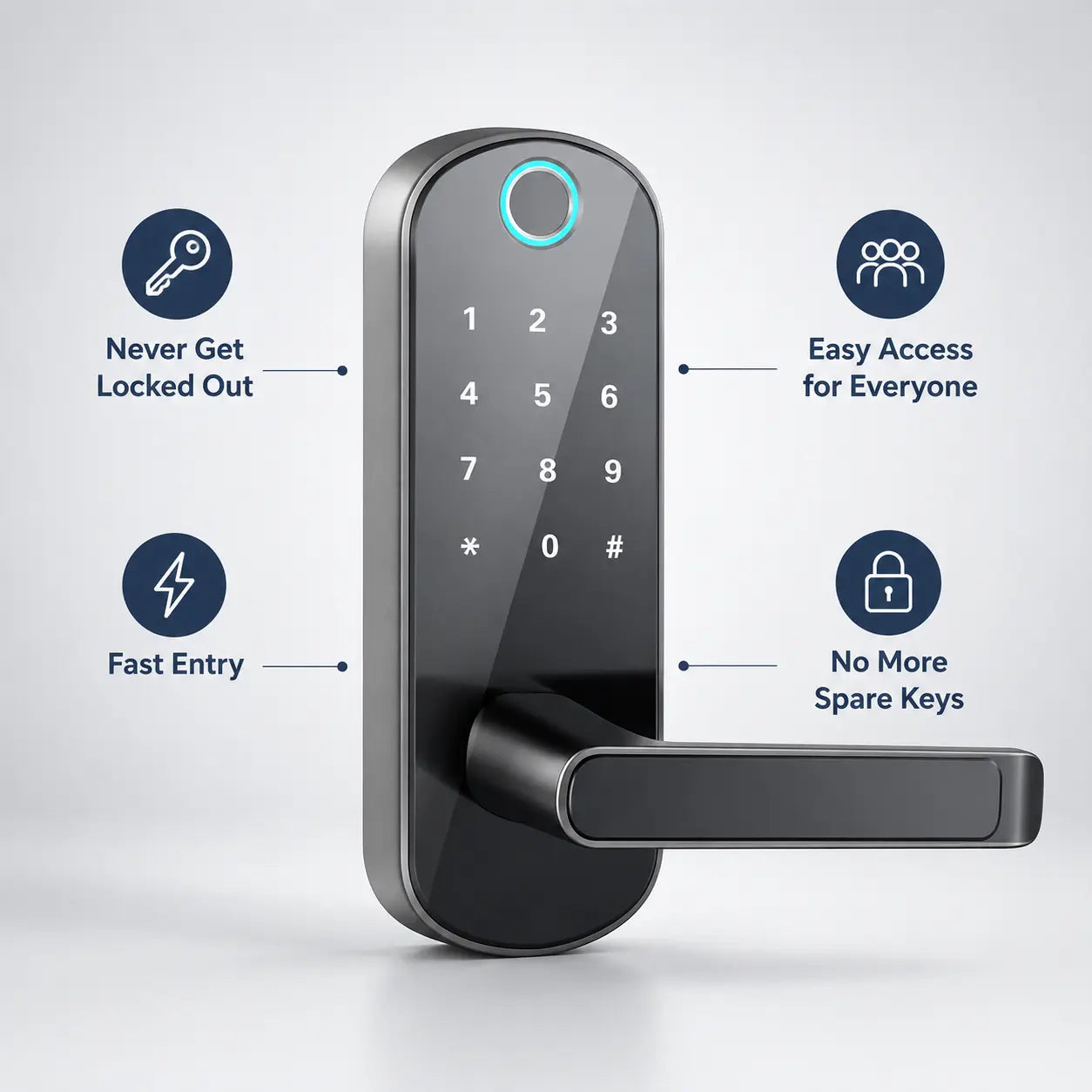 Smart door lock with digital keypad on a light gray background