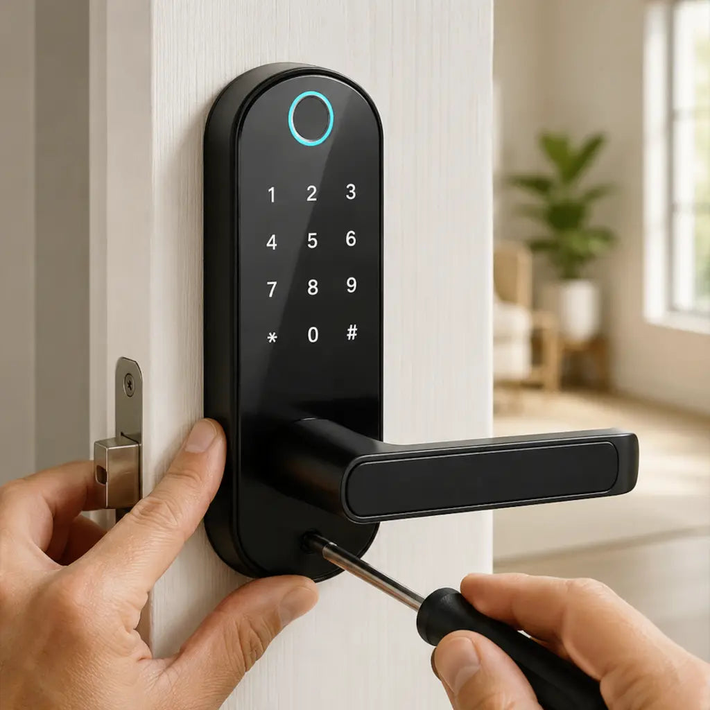 A black smart digital door lock mounted on a white door, with a person's hands using a screwdriver to adjust the latch. The background shows a softly blurred home interior with a window and plant.