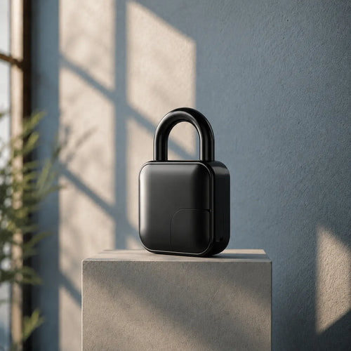 A matte black electronic lock or key fob device with a curved handle, displayed on a light gray concrete pedestal against a textured blue-gray wall with soft window shadows.
