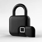 A matte black biometric fingerprint padlock with a matching black protective cover leaning against it, set against a clean light gray studio background.