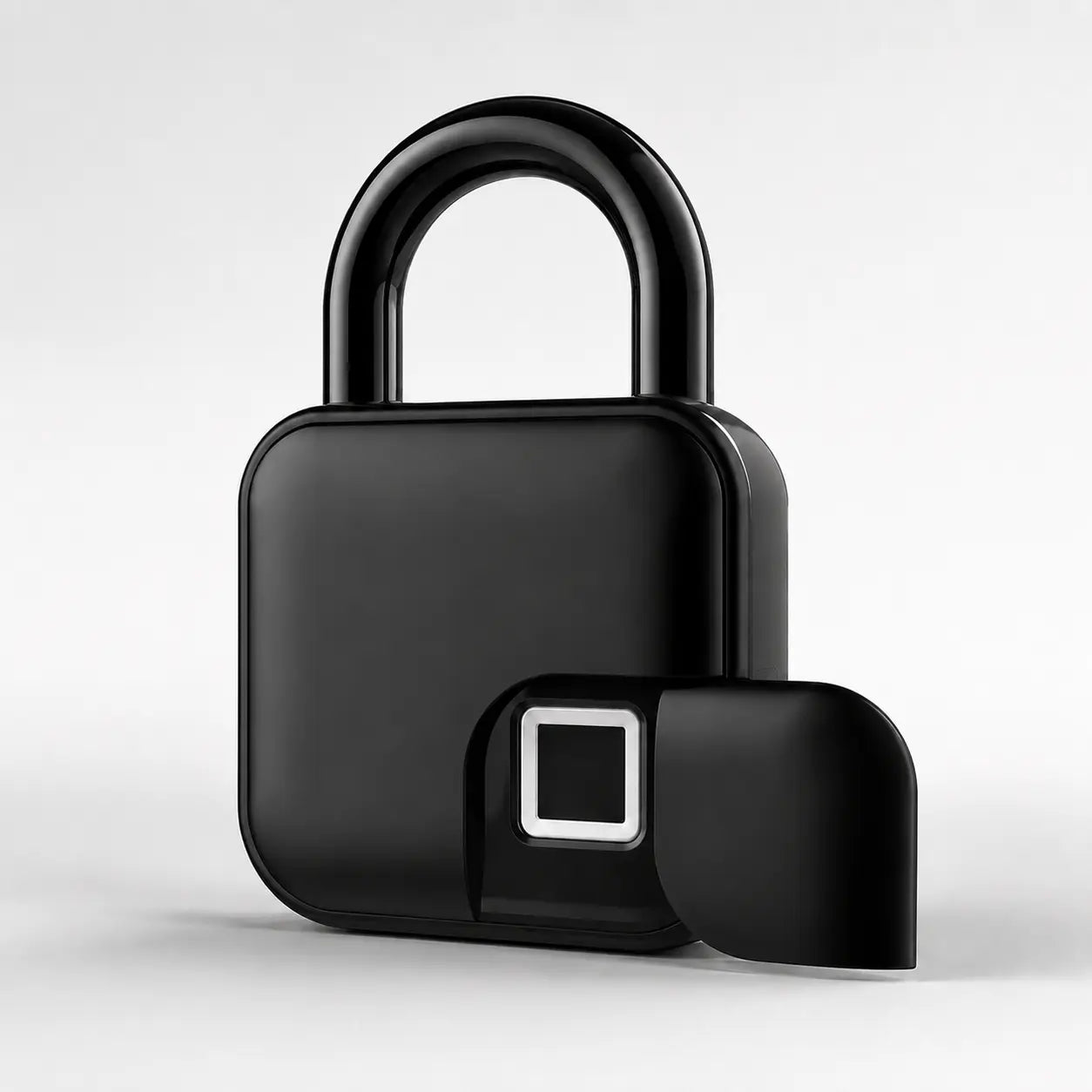 A matte black biometric fingerprint padlock with a matching black protective cover leaning against it, set against a clean light gray studio background.