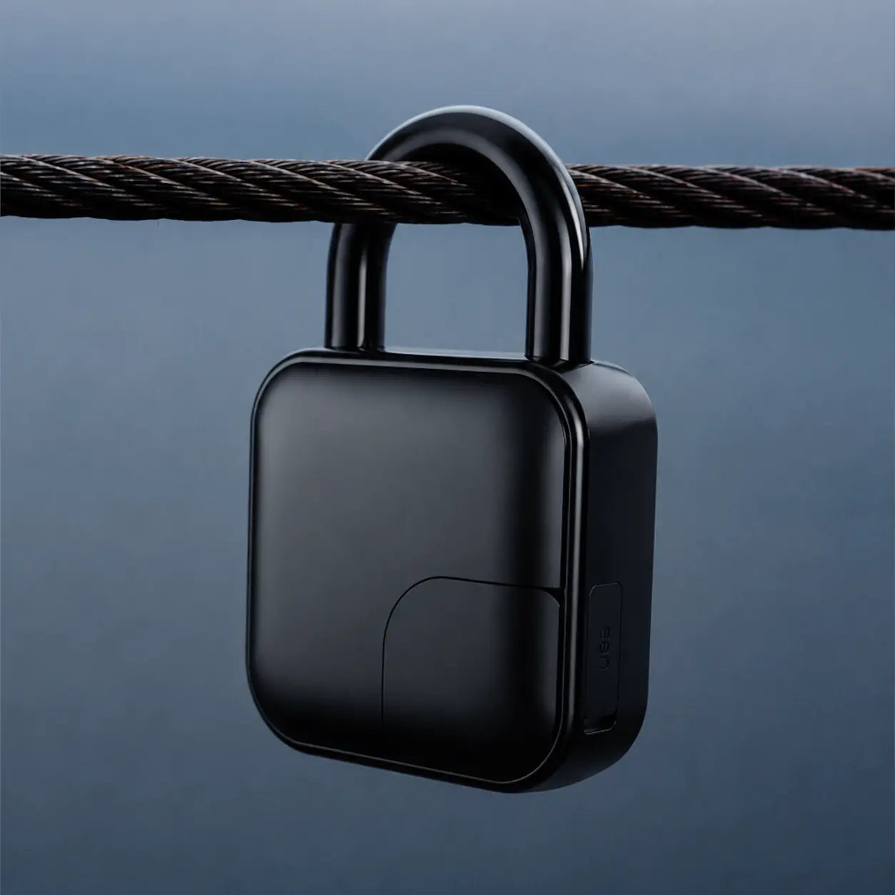 A matte black smart padlock with a square body and a thick shackle, hanging from a dark metal cable against a dark blue-gray gradient background.