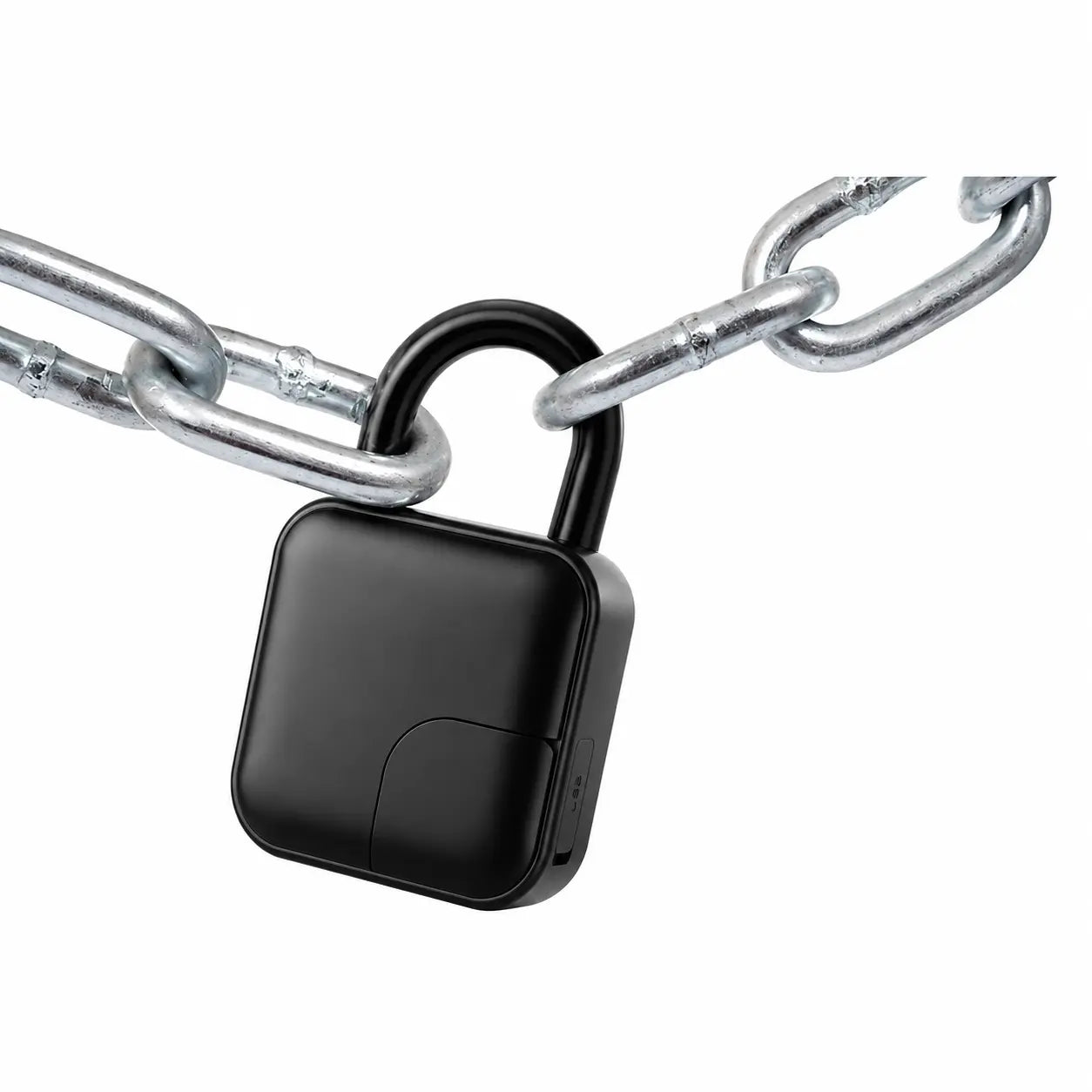 A black electronic padlock with a square body and shackle, shown locked onto a silver metal chain against a plain white background.