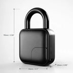 A matte black square-shaped electronic lock or key fob with a curved top loop, shown on a light gray background with dimension lines and text indicating measurements of 90mm, 55mm, and 25mm.