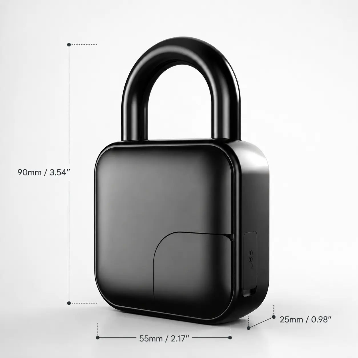 A matte black square-shaped electronic lock or key fob with a curved top loop, shown on a light gray background with dimension lines and text indicating measurements of 90mm, 55mm, and 25mm.