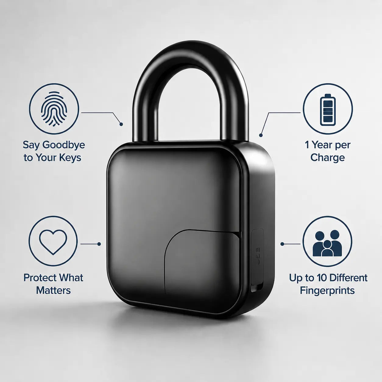 A matte black electronic lock-shaped device centered on a light gray background, surrounded by four callout icons and text describing features: fingerprint recognition, key-free access for 1 year per charge, protection for what matters, and support for up to 10 different fingerprints.