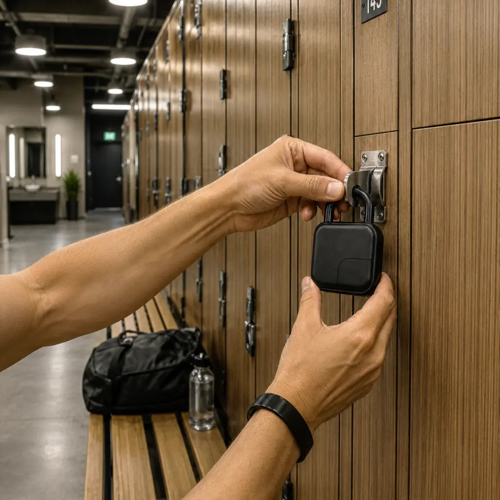 A person's hands attaching a black smart lock to a wooden locker in a gym or locker room. The person is wearing a black fitness tracker on their wrist and a black bag and water bottle are on the wooden bench nearby.