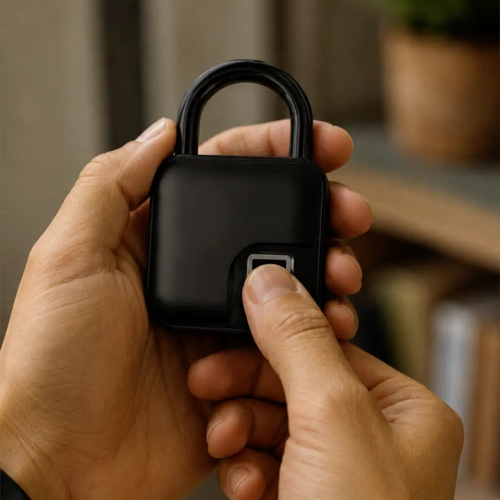 A person's hands holding a small black electronic lock or key fob with a rectangular touch-sensitive panel, shown in a close-up lifestyle setting.