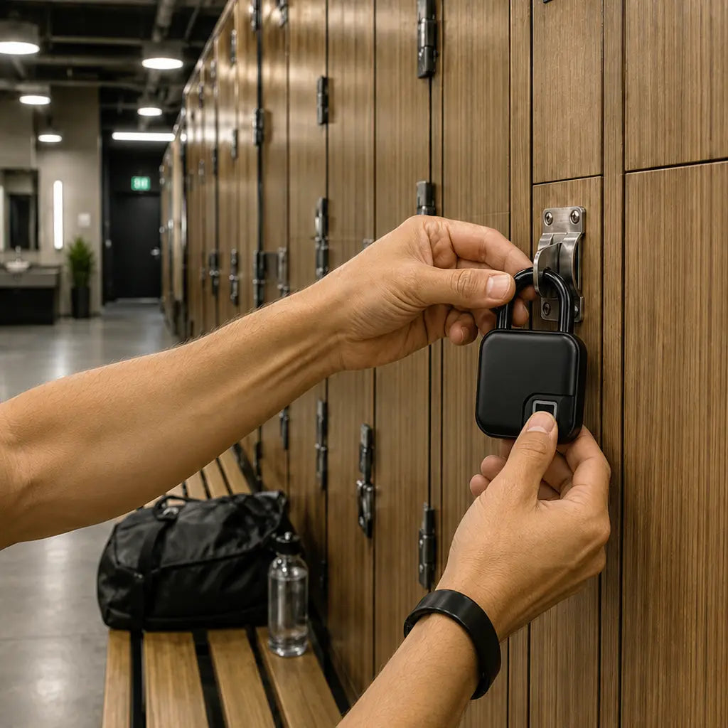 A close-up of a person's hands using a black biometric lock on a wooden locker in a gym or locker room. A black duffel bag and a water bottle sit on the bench below.